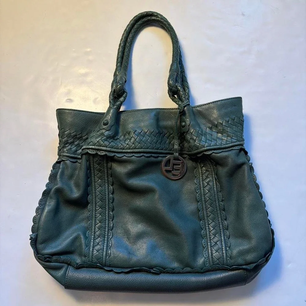 Elliott Lucca Teal Leather Braided Hobo Bag Scalloped Boho Tote
